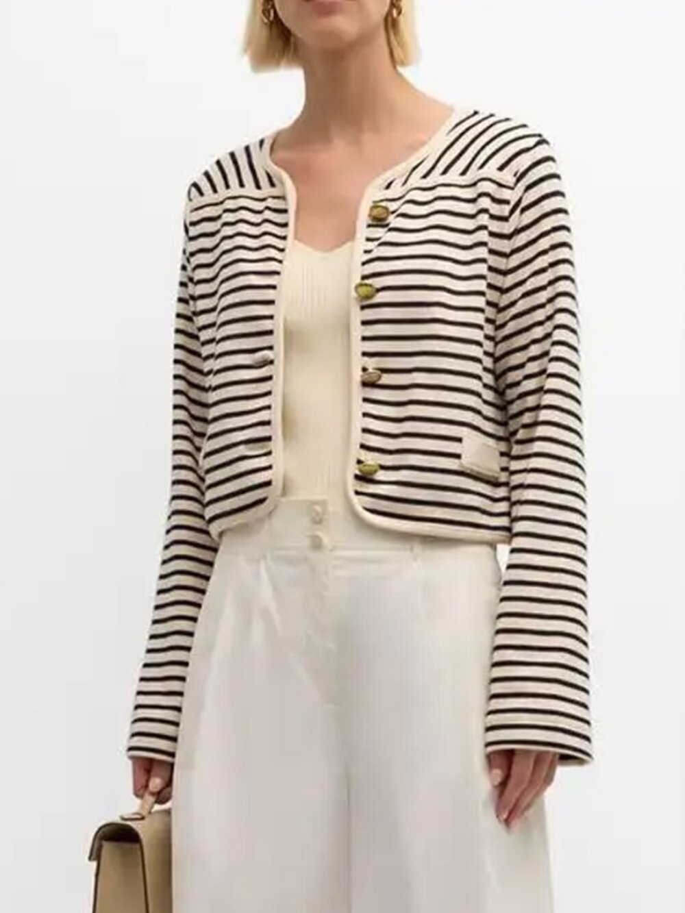 Tanya Taylor Organic Cotton Cream Black Striped Cropped Jacket Size S